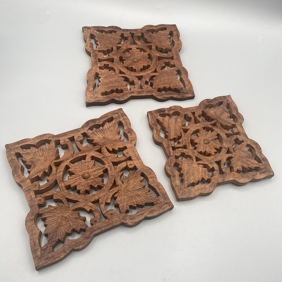Other - Vintage Hand Carved Wooden Trivets Hot Plates INDIA 3pcs 2 Large 1 Smaller